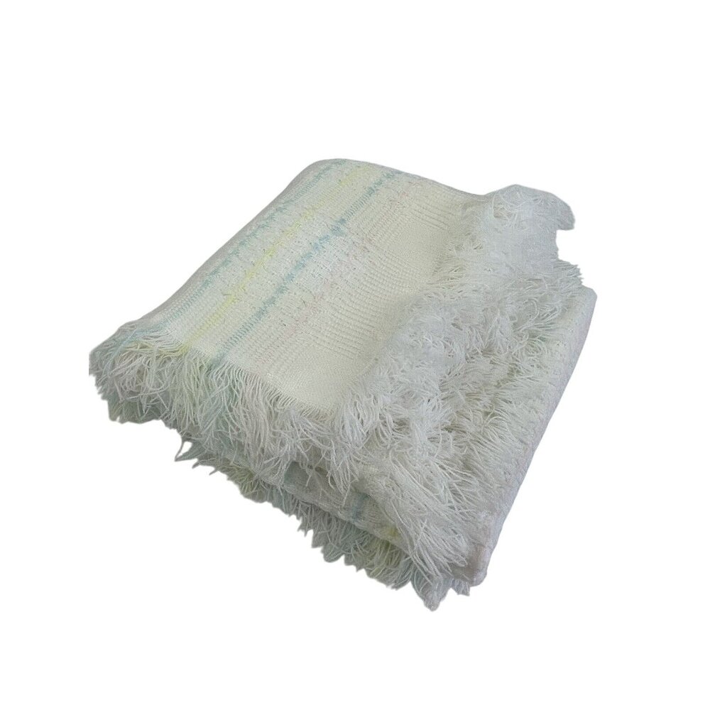 Vintage Bright Eyes Japan Acrylic Baby Blanket White Pastel Plaid Stripe 35x35 i